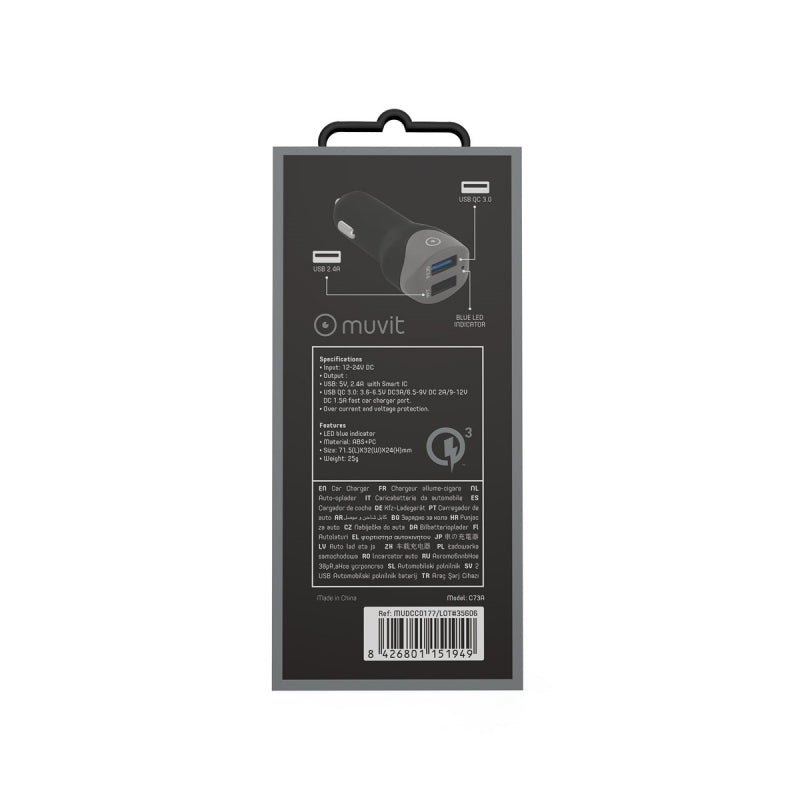 Cargador coche Muvit 2 USB Qualcomm QC 3.0 + 2.4A smart IC negro.