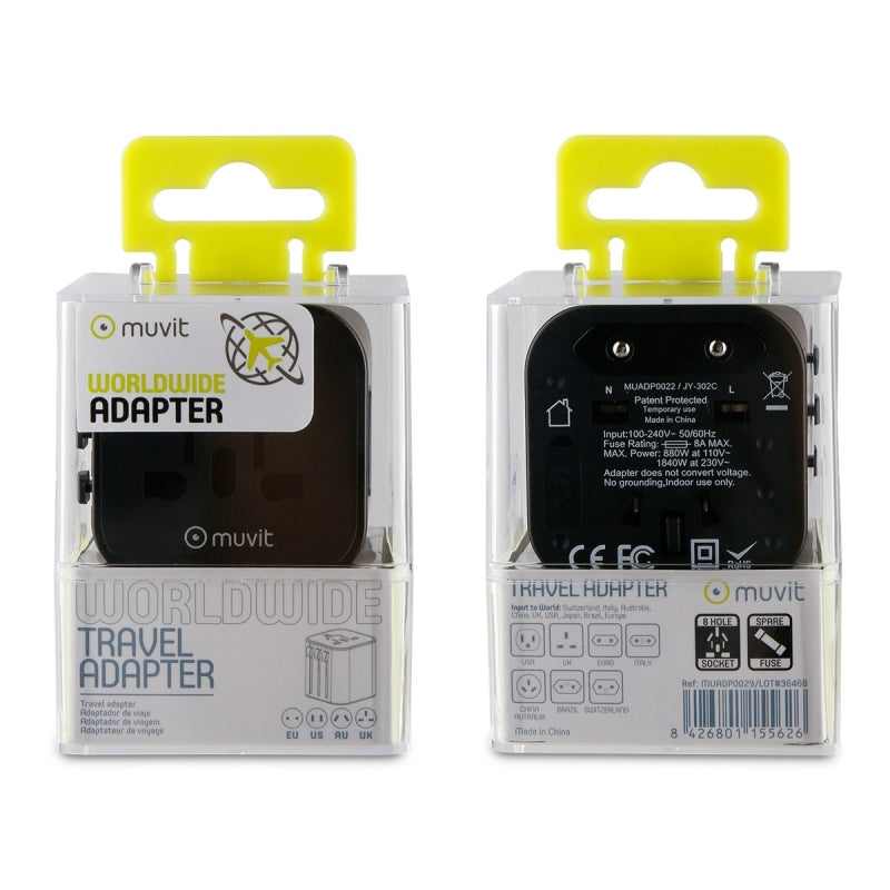 Adaptador viaje universal Muvit (EU,UK,US,AU) negro