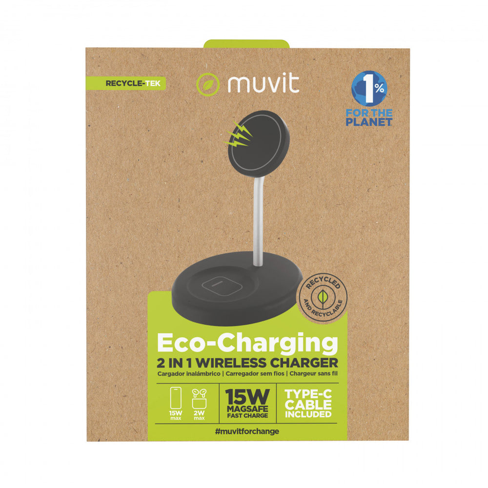 Cargador Muvit for Change 2 en 1 soporte magsafe+iWatch/Airpod negro