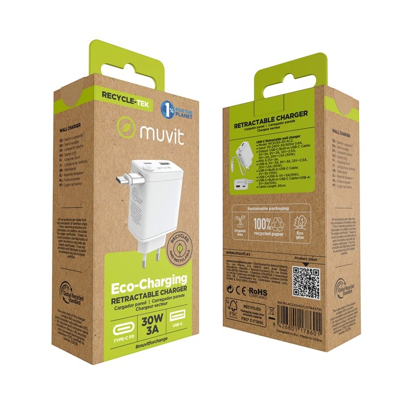 Cargador de Pared Muvit for Change Retráctil Tipo C PD 30W blanco Usado