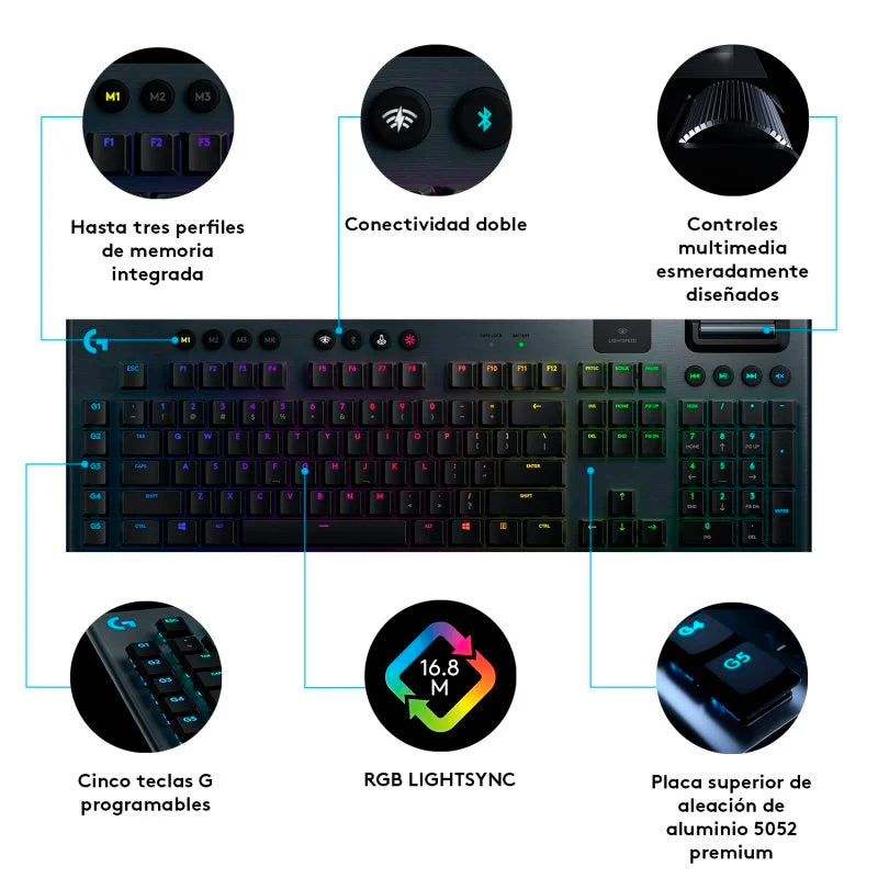 Teclado Mecánico Logitech G915 Gaming Inalámbrico RGB GL Táctil en español Usado