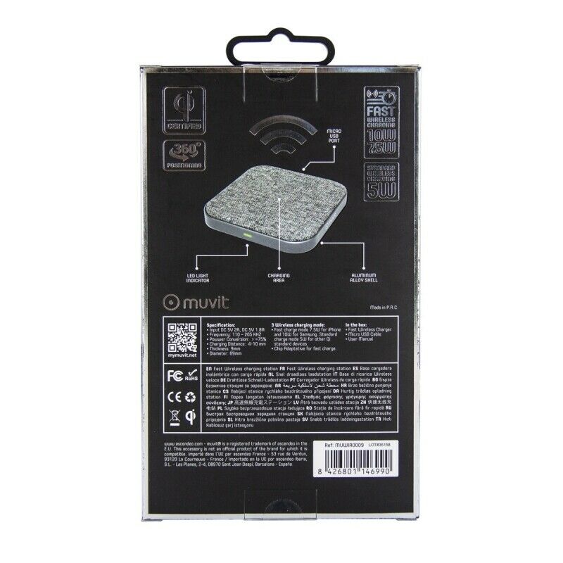 Cargador soporte sobremesa inalámbrico Muvit Qi 5w/7,5w/10w 2a Gris (NUEVO)