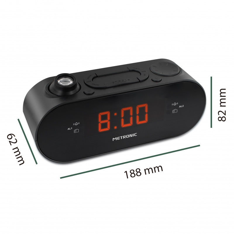 Radio reloj Metronic FM con proyección de alarma dual – Negro Usada