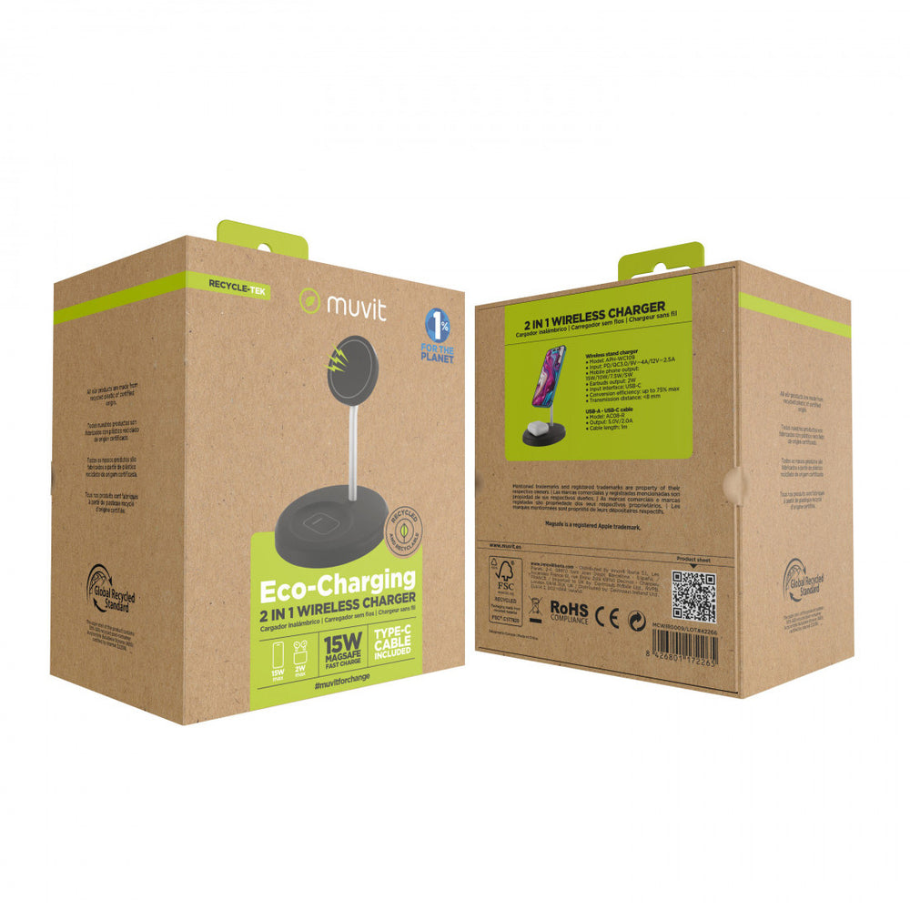 Cargador Muvit for Change 2 en 1 soporte magsafe+iWatch/Airpod negro