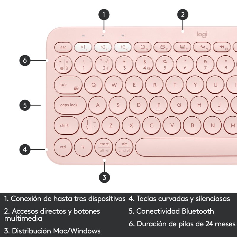 Teclado Bluetooth Multi-Dispositivo Logitech K380 Rosa en español (ñ)