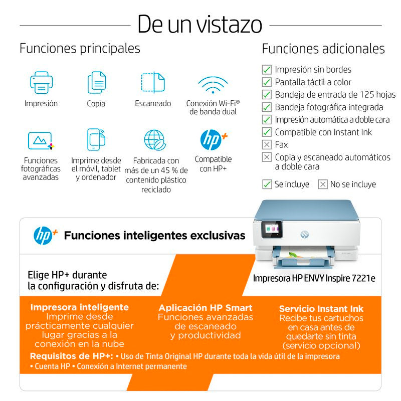 Impresora Multifunción HP ENVY Inspire 7221e Color Wifi Dúplex Usada *