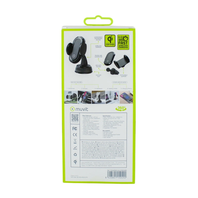 Soporte coche Muvit cargador inalámbrico Qi 5W/7,5W/10W 2A (NUEVO)