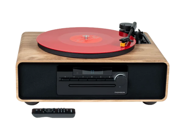 Thomson MIC300TT, tocadiscos reacondicionado con plato de vinilo, acabado madera clara y negro, vista frontal