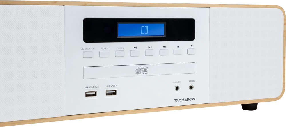 Thomson MIC201IBT, detalle del panel de control, pantalla y puertos USB