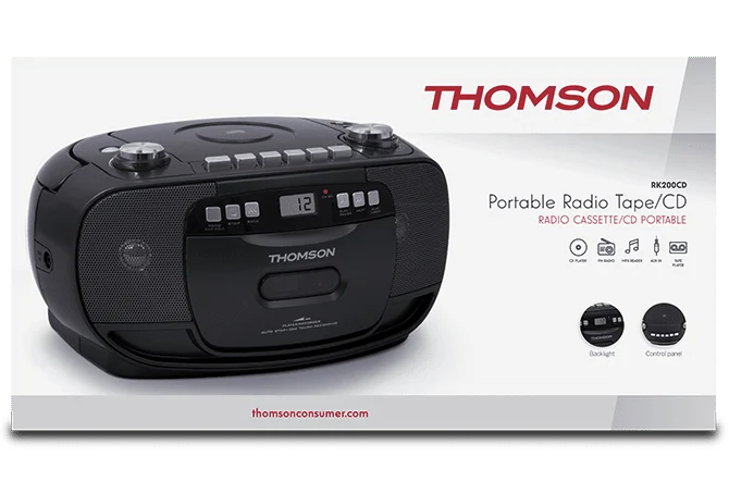 Thomson RK200CD, ficha oficial con iconos de funciones: radio, CD, cassette y AUX-IN
